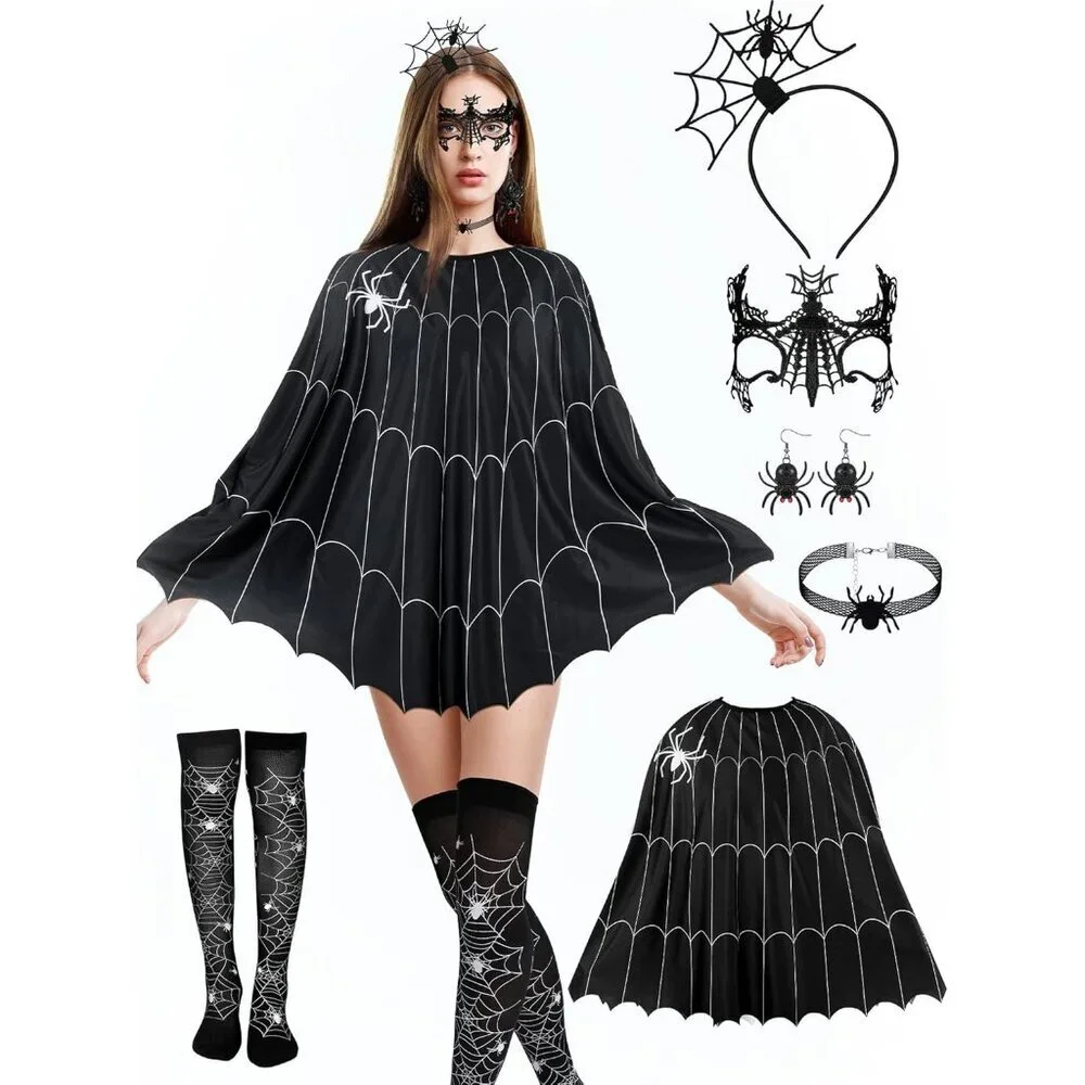 Women Lace Spider Web Costume Accessories Set Mask Earrings Choker Socks